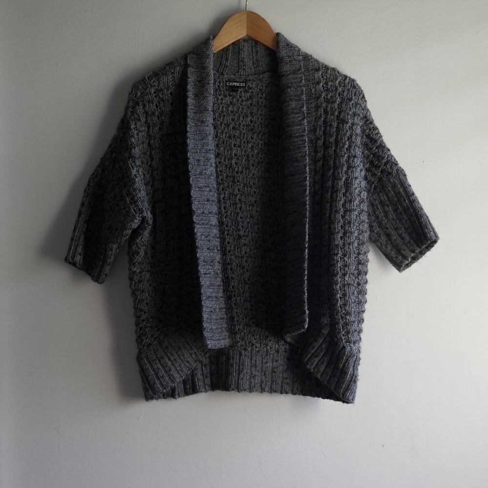 Express Oversized Alpaca Wool Blend Cardigan Large Gray Open Knit Boho Sweater